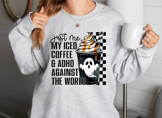 Just me, my iced coffee & ADHD sweater